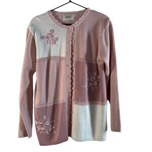 Vintage Jenny Embroidered Patchwork Pink Button Up Cardigan Long Sleeve M